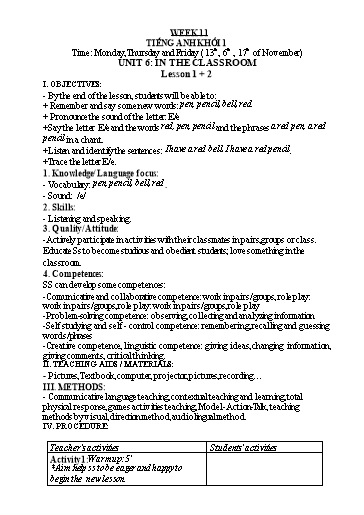 Kế hoạch bài dạy Tiếng Anh Lớp 1 - Tuần 11 - Năm học 2023-2024 - Nguyễn Thị Hồng Thắm