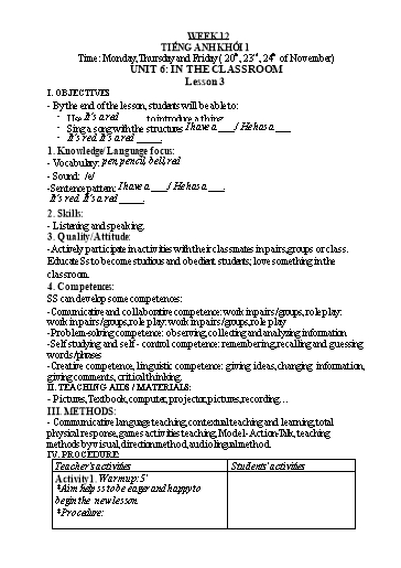 Kế hoạch bài dạy Tiếng Anh Lớp 1 - Tuần 12 - Năm học 2023-2024 - Nguyễn Thị Hồng Thắm