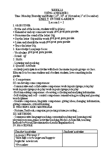 Kế hoạch bài dạy Tiếng Anh Lớp 1 - Tuần 13 - Năm học 2023-2024 - Nguyễn Thị Hồng Thắm