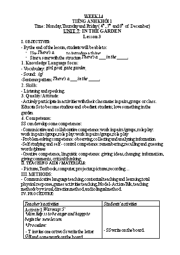 Kế hoạch bài dạy Tiếng Anh Lớp 1 - Tuần 14 - Năm học 2023-2024 - Nguyễn Thị Hồng Thắm