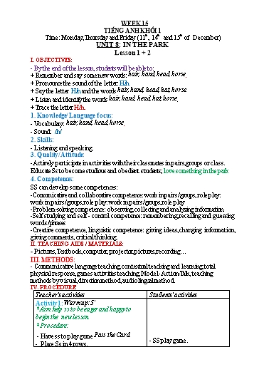 Kế hoạch bài dạy Tiếng Anh Lớp 1 - Tuần 15 - Năm học 2023-2024 - Nguyễn Thị Hồng Thắm