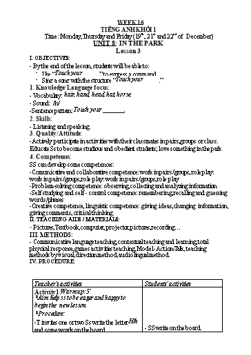 Kế hoạch bài dạy Tiếng Anh Lớp 1 - Tuần 16 - Năm học 2023-2024 - Nguyễn Thị Hồng Thắm