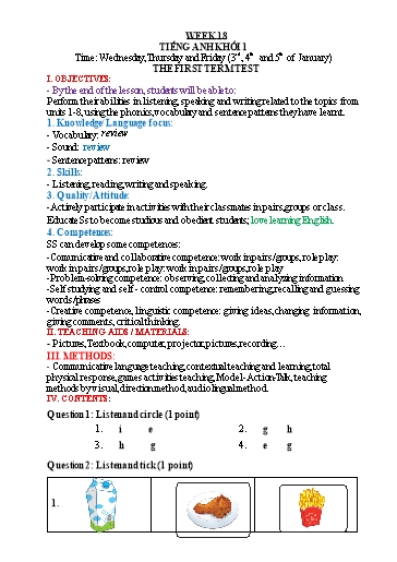 Kế hoạch bài dạy Tiếng Anh Lớp 1 - Tuần 18 - Năm học 2023-2024 - Nguyễn Thị Hồng Thắm
