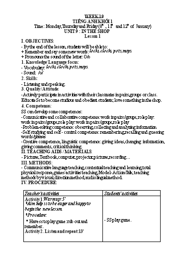 Kế hoạch bài dạy Tiếng Anh Lớp 1 - Tuần 19 - Năm học 2023-2024 - Nguyễn Thị Hồng Thắm