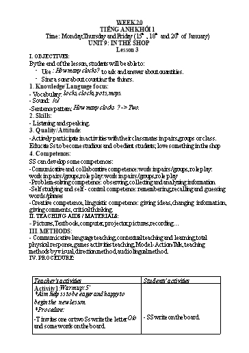 Kế hoạch bài dạy Tiếng Anh Lớp 1 - Tuần 20 - Năm học 2023-2024 - Nguyễn Thị Hồng Thắm