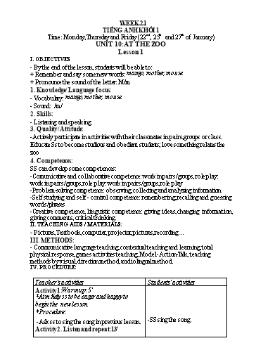 Kế hoạch bài dạy Tiếng Anh Lớp 1 - Tuần 21 - Năm học 2023-2024 - Nguyễn Thị Hồng Thắm