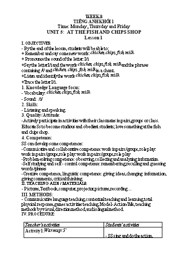 Kế hoạch bài dạy Tiếng Anh Lớp 1 - Tuần 9 - Năm học 2023-2024 - Nguyễn Thị Hồng Thắm