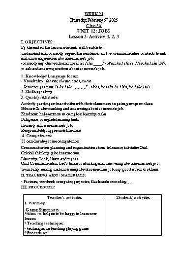 Kế hoạch bài dạy Tiếng Anh Lớp 1+3 - Tuần 21 - Năm học 2024-2025 - Nguyễn Thị Hồng Thắm