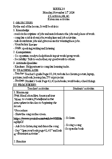 Kế hoạch bài dạy Tiếng Anh Lớp 1+3+5 - Tuần 10 - Năm học 2024-2025 - Nguyễn Thị Hồng Thắm