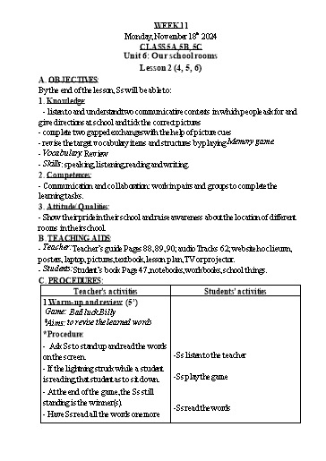 Kế hoạch bài dạy Tiếng Anh Lớp 1+3+5 - Tuần 11 - Năm học 2024-2025 - Nguyễn Thị Hồng Thắm