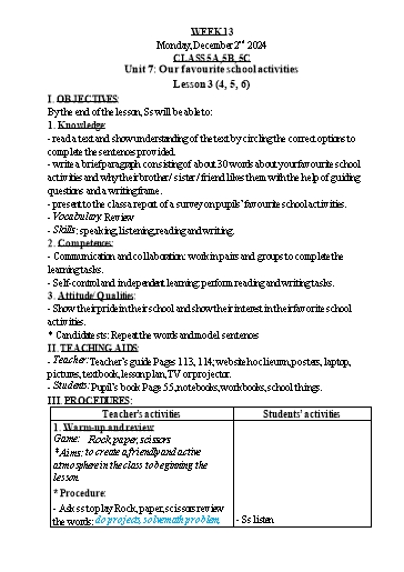 Kế hoạch bài dạy Tiếng Anh Lớp 1+3+5 - Tuần 13 - Năm học 2024-2025 - Nguyễn Thị Hồng Thắm