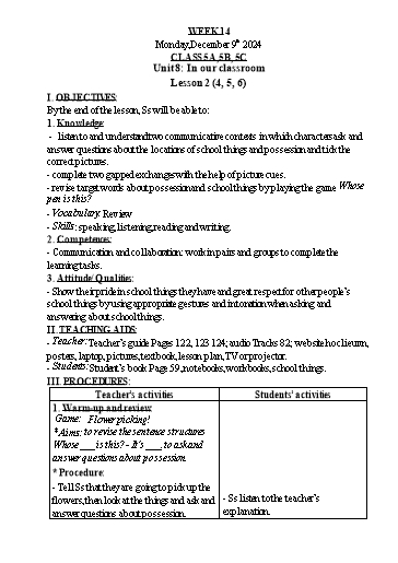 Kế hoạch bài dạy Tiếng Anh Lớp 1+3+5 - Tuần 14 - Năm học 2024-2025 - Nguyễn Thị Hồng Thắm