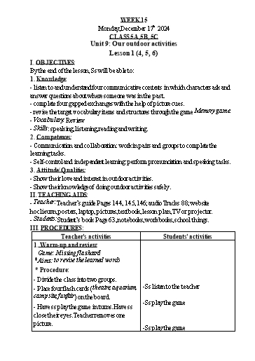 Kế hoạch bài dạy Tiếng Anh Lớp 1+3+5 - Tuần 15 - Năm học 2024-2025 - Nguyễn Thị Hồng Thắm
