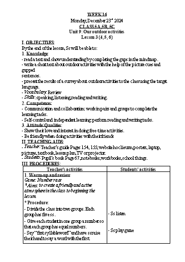 Kế hoạch bài dạy Tiếng Anh Lớp 1+3+5 - Tuần 16 - Năm học 2024-2025 - Nguyễn Thị Hồng Thắm