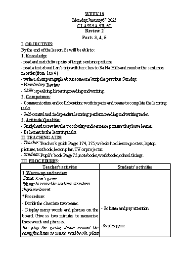 Kế hoạch bài dạy Tiếng Anh Lớp 1+3+5 - Tuần 18 - Năm học 2024-2025 - Nguyễn Thị Hồng Thắm