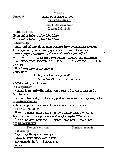 Kế hoạch bài dạy Tiếng Anh Lớp 1+3+5 - Tuần 2 - Năm học 2024-2025 - Trần Thị Hồng Thắm