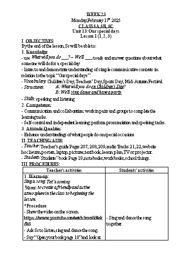 Kế hoạch bài dạy Tiếng Anh Lớp 1+3+5 - Tuần 23 - Năm học 2024-2025 - Nguyễn Thị Hồng Thắm