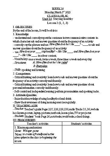 Kế hoạch bài dạy Tiếng Anh Lớp 1+3+5 - Tuần 25 - Năm học 2024-2025 - Nguyễn Thị Hồng Thắm