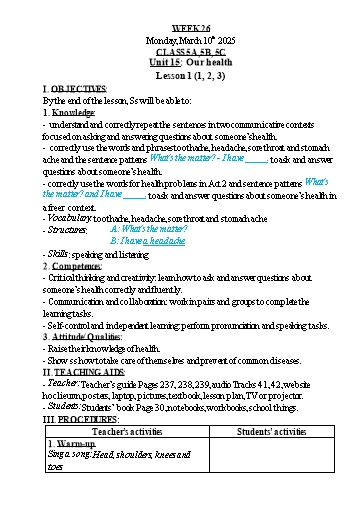 Kế hoạch bài dạy Tiếng Anh Lớp 1+3+5 - Tuần 26 - Năm học 2024-2025 - Nguyễn Thị Hồng Thắm
