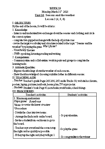 Kế hoạch bài dạy Tiếng Anh Lớp 1+3+5 - Tuần 29 - Năm học 2024-2025 - Nguyễn Thị Hồng Thắm