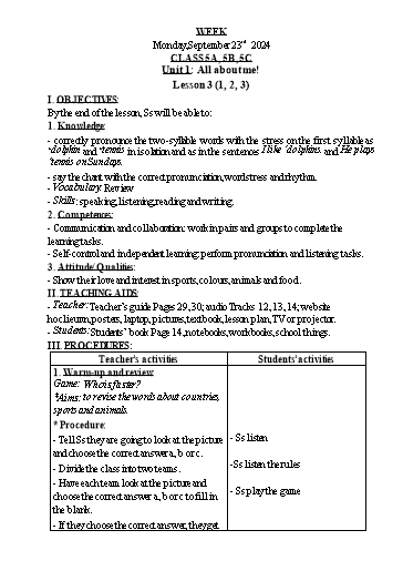 Kế hoạch bài dạy Tiếng Anh Lớp 1+3+5 - Tuần 3 - Năm học 2024-2025 - Nguyễn Thị Hồng Thắm