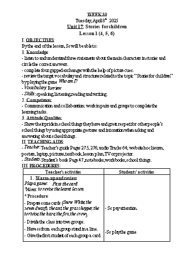Kế hoạch bài dạy Tiếng Anh Lớp 1+3+5 - Tuần 30 - Năm học 2024-2025 - Nguyễn Thị Hồng Thắm