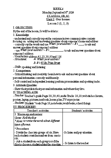Kế hoạch bài dạy Tiếng Anh Lớp 1+3+5 - Tuần 4 - Năm học 2024-2025 - Nguyễn Thị Hồng Thắm