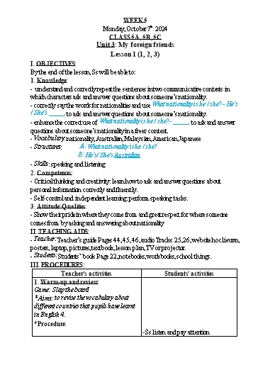 Kế hoạch bài dạy Tiếng Anh Lớp 1+3+5 - Tuần 5 - Năm học 2024-2025 - Nguyễn Thị Hồng Thắm