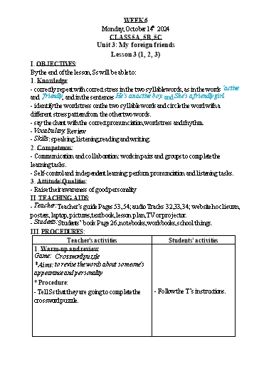 Kế hoạch bài dạy Tiếng Anh Lớp 1+3+5 - Tuần 6 - Năm học 2024-2025 - Nguyễn Thị Hồng Thắm
