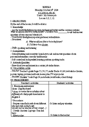 Kế hoạch bài dạy Tiếng Anh Lớp 1+3+5 - Tuần 8 - Năm học 2024-2025 - Nguyễn Thị Hồng Thắm