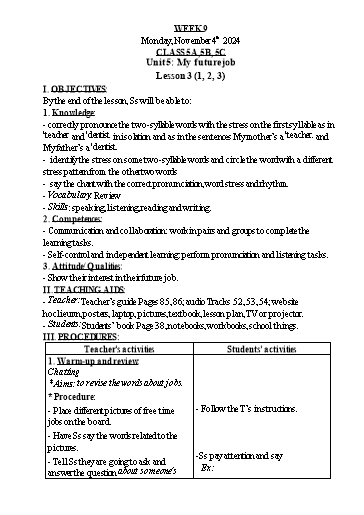 Kế hoạch bài dạy Tiếng Anh Lớp 1+3+5 - Tuần 9 - Năm học 2024-2025 - Nguyễn Thị Hồng Thắm