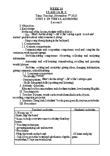 Kế hoạch bài dạy Tiếng Anh Lớp 2 - Tuần 10 - Năm học 2023-2024 - Nguyễn Thị Hồng Thắm