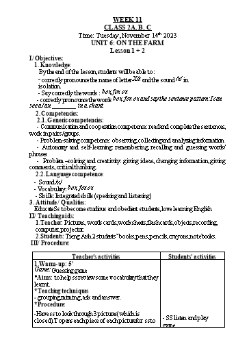 Kế hoạch bài dạy Tiếng Anh Lớp 2 - Tuần 11 - Năm học 2023-2024 - Nguyễn Thị Hồng Thắm