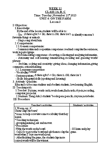 Kế hoạch bài dạy Tiếng Anh Lớp 2 - Tuần 12 - Năm học 2023-2024 - Nguyễn Thị Hồng Thắm