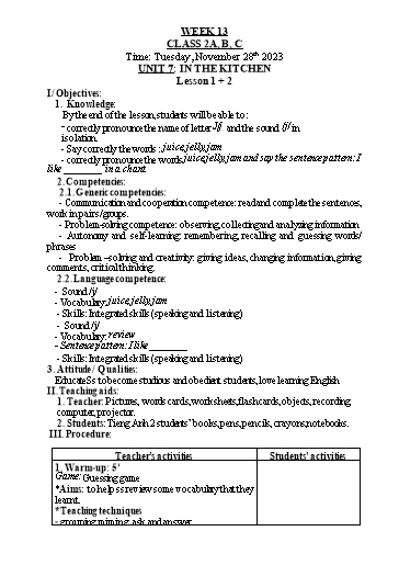 Kế hoạch bài dạy Tiếng Anh Lớp 2 - Tuần 13 - Năm học 2023-2024 - Nguyễn Thị Hồng Thắm