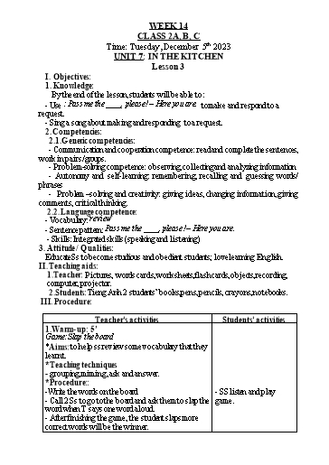 Kế hoạch bài dạy Tiếng Anh Lớp 2 - Tuần 14 - Năm học 2023-2024 - Nguyễn Thị Hồng Thắm