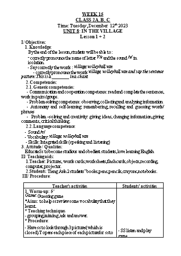 Kế hoạch bài dạy Tiếng Anh Lớp 2 - Tuần 15 - Năm học 2023-2024 - Nguyễn Thị Hồng Thắm