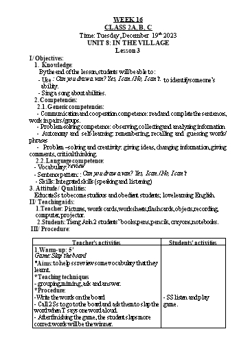 Kế hoạch bài dạy Tiếng Anh Lớp 2 - Tuần 16 - Năm học 2023-2024 - Nguyễn Thị Hồng Thắm