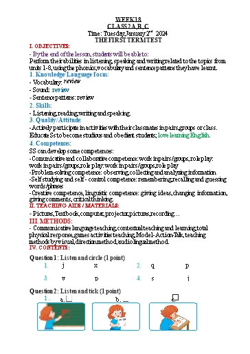 Kế hoạch bài dạy Tiếng Anh Lớp 2 - Tuần 18 - Năm học 2023-2024 - Nguyễn Thị Hồng Thắm