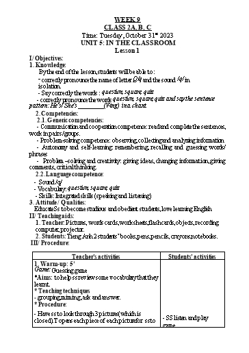 Kế hoạch bài dạy Tiếng Anh Lớp 2 - Tuần 9 - Năm học 2023-2024 - Nguyễn Thị Hồng Thắm