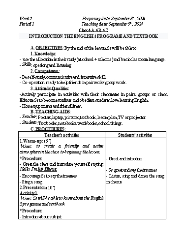 Kế hoạch bài dạy Tiếng Anh Lớp 2+3+4 - Tuần 1 - Năm học 2024-2025 - Nguyễn Thị Mỹ Hiền