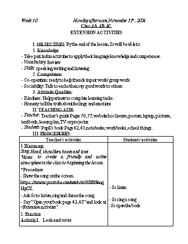 Kế hoạch bài dạy Tiếng Anh Lớp 2+3+4 - Tuần 10 - Năm học 2024-2025 - Nguyễn Thị Mỹ Hiền
