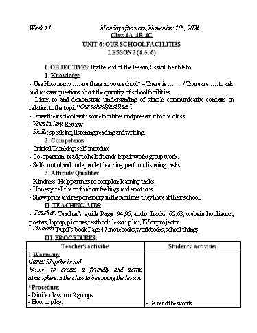 Kế hoạch bài dạy Tiếng Anh Lớp 2+3+4 - Tuần 11 - Năm học 2024-2025 - Nguyễn Thị Mỹ Hiền
