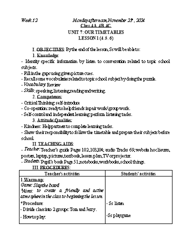 Kế hoạch bài dạy Tiếng Anh Lớp 2+3+4 - Tuần 12 - Năm học 2024-2025 - Nguyễn Thị Mỹ Hiền