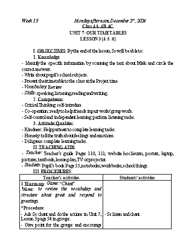 Kế hoạch bài dạy Tiếng Anh Lớp 2+3+4 - Tuần 13 - Năm học 2024-2025 - Nguyễn Thị Mỹ Hiền