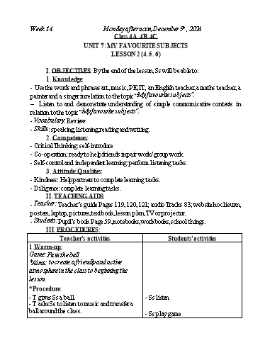 Kế hoạch bài dạy Tiếng Anh Lớp 2+3+4 - Tuần 14 - Năm học 2024-2025 - Nguyễn Thị Mỹ Hiền