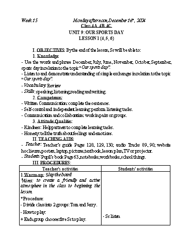 Kế hoạch bài dạy Tiếng Anh Lớp 2+3+4 - Tuần 15 - Năm học 2024-2025 - Nguyễn Thị Mỹ Hiền