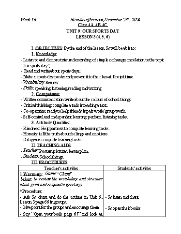 Kế hoạch bài dạy Tiếng Anh Lớp 2+3+4 - Tuần 16 - Năm học 2024-2025 - Nguyễn Thị Mỹ Hiền