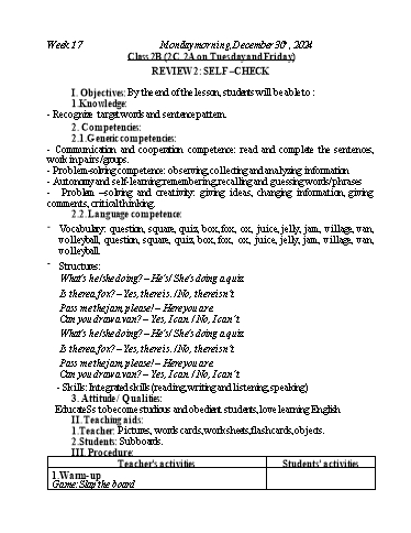 Kế hoạch bài dạy Tiếng Anh Lớp 2+3+4 - Tuần 17 - Năm học 2024-2025 - Nguyễn Thị Mỹ Hiền