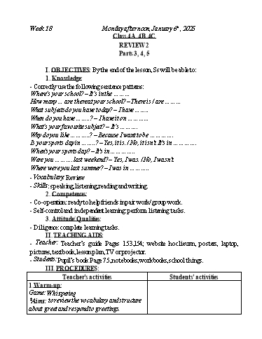 Kế hoạch bài dạy Tiếng Anh Lớp 2+3+4 - Tuần 18 - Năm học 2024-2025 - Nguyễn Thị Mỹ Hiền